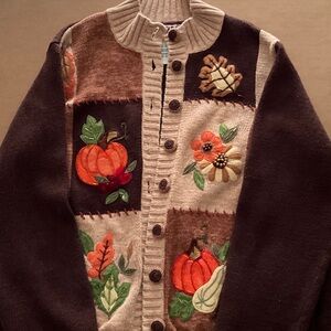 Autumn Patchwork Cardigan with Pumpkin & Floral Appliqués